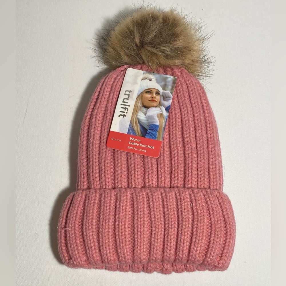 Tru Fit Warm Cable Knit Hat Soft Fur Lining Pink  with Faux Fur Pom O/S